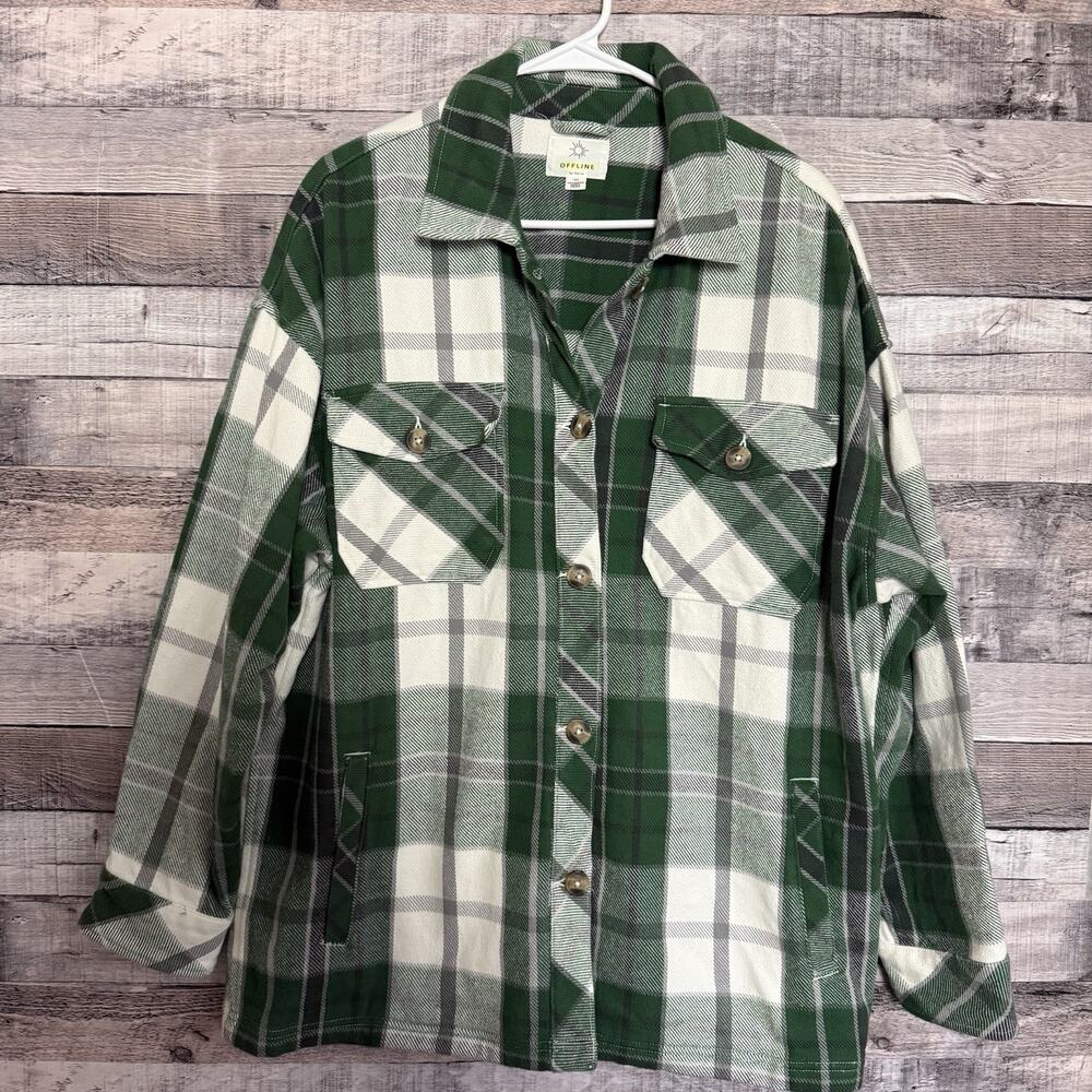 Offline by Aerie Size Large Oversized Green Plaid Flannel Shacket